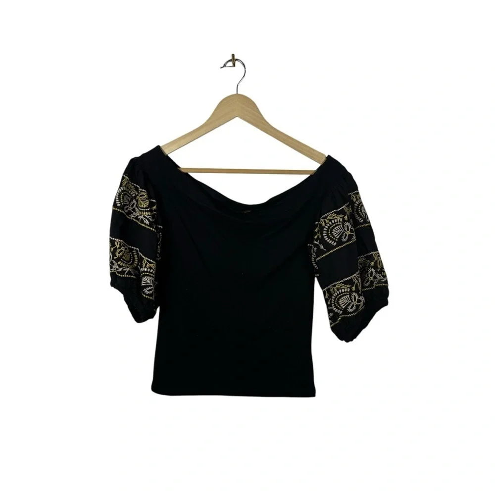 Free People Rock With It Embroidered Crochet Puff Sleeve Top Black/Yellow XS